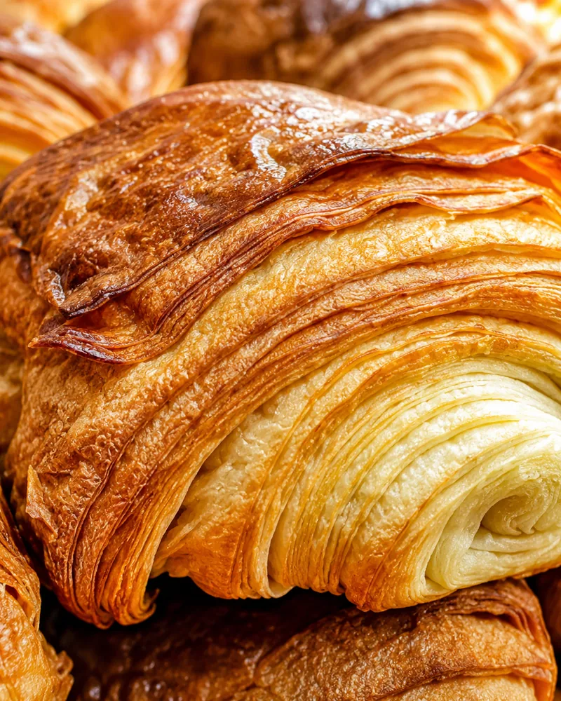 Croissant artesanal amanteigado, laminado à mão, camadas douradas e crocantes