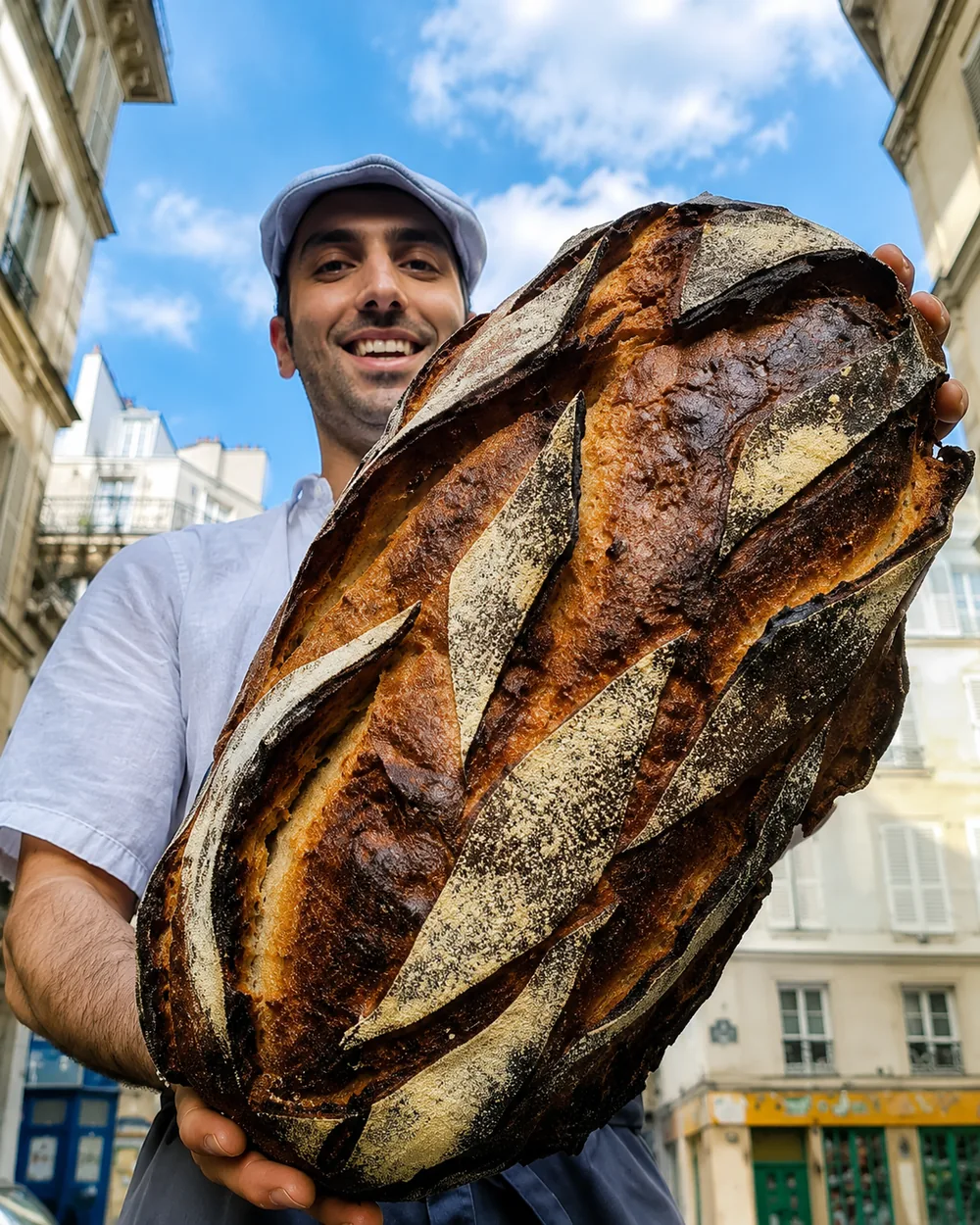 Carlos, mestre padeiro, segurando um pão de fermentação natural recém-assado